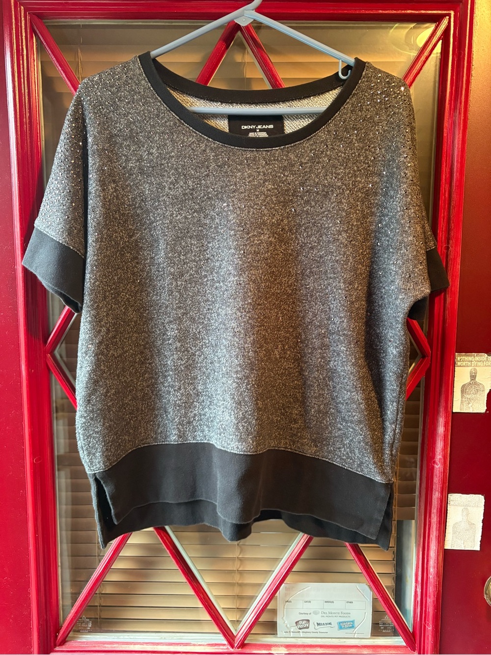 Dkny Metallic Gray Short Sleeve Sweatshirt with Black Trim